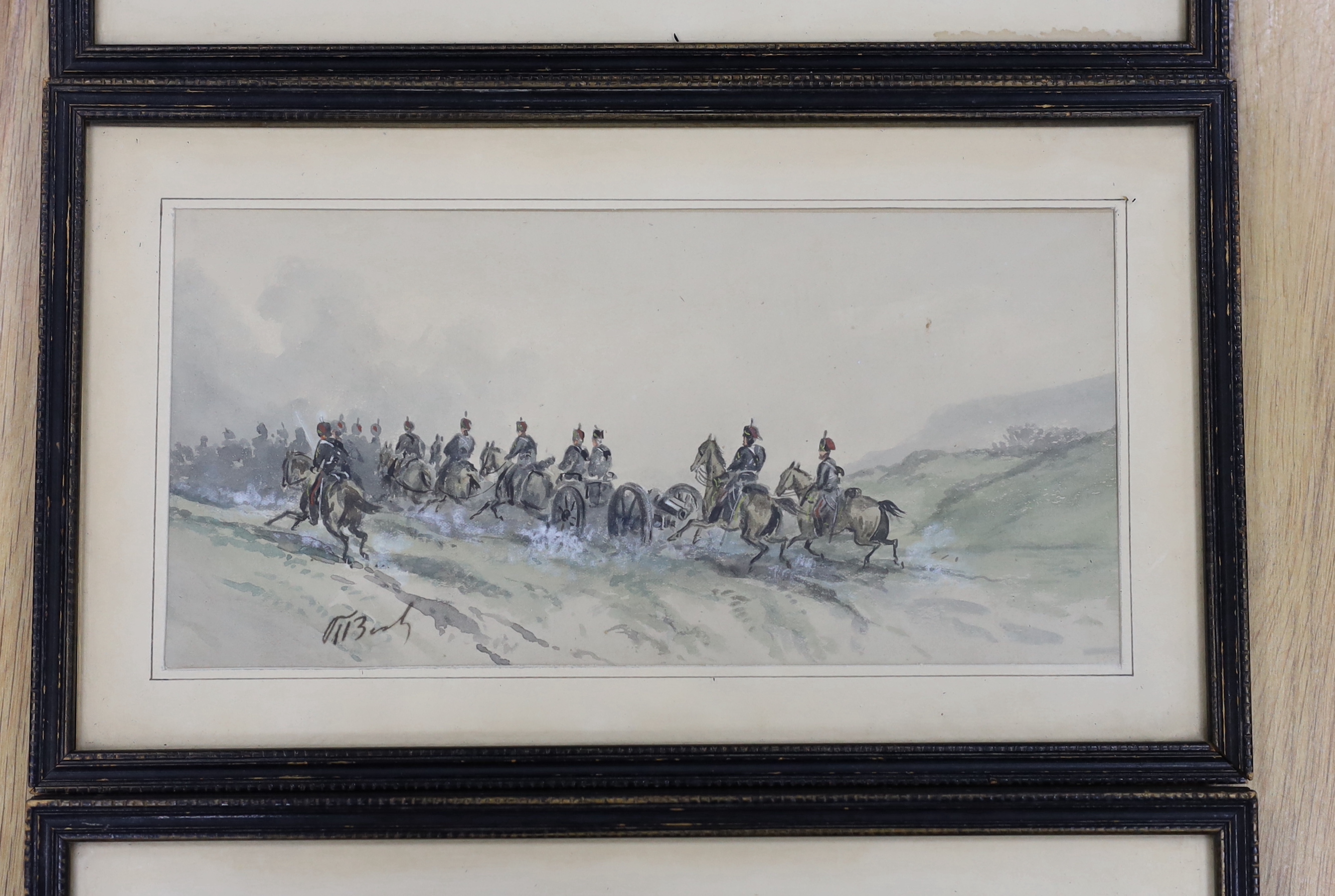 19th century, set of three heightened watercolours, Crimean battle scenes, two indistinctly signed, 27cm x 13cm